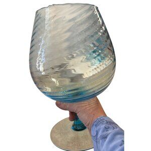 2 Huge 10" HandBlown Aqua Blue Swirl Glass Goblets Vase Centerpiece Empoli Style